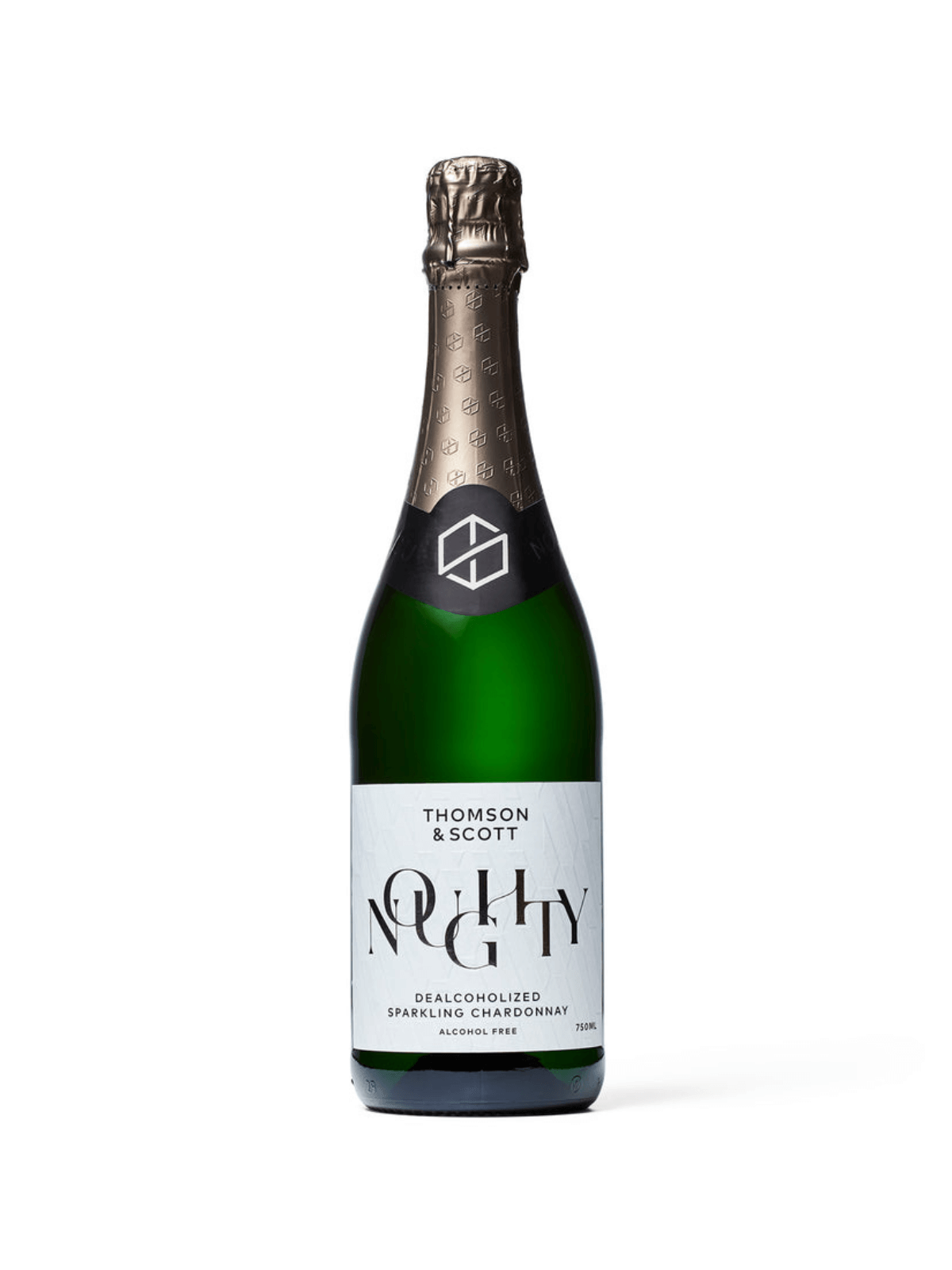 bottle of Noughty alcohol-free sparkling wine with a white label, green bottle and silver cap.
