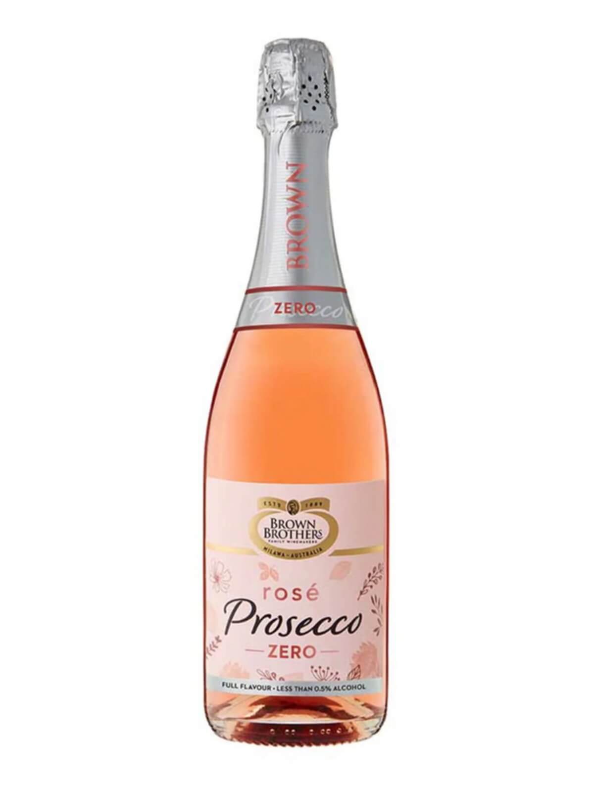 pink bottle of brown brothers alcohol free rosé Prosecco on a white background.