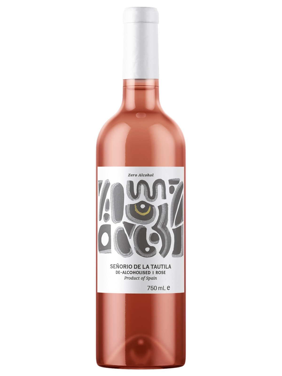 product image of a de-alcoholised rosé called senoria de la tautila in a tall glass wine bottle with a white label and gray writing and patterns.
