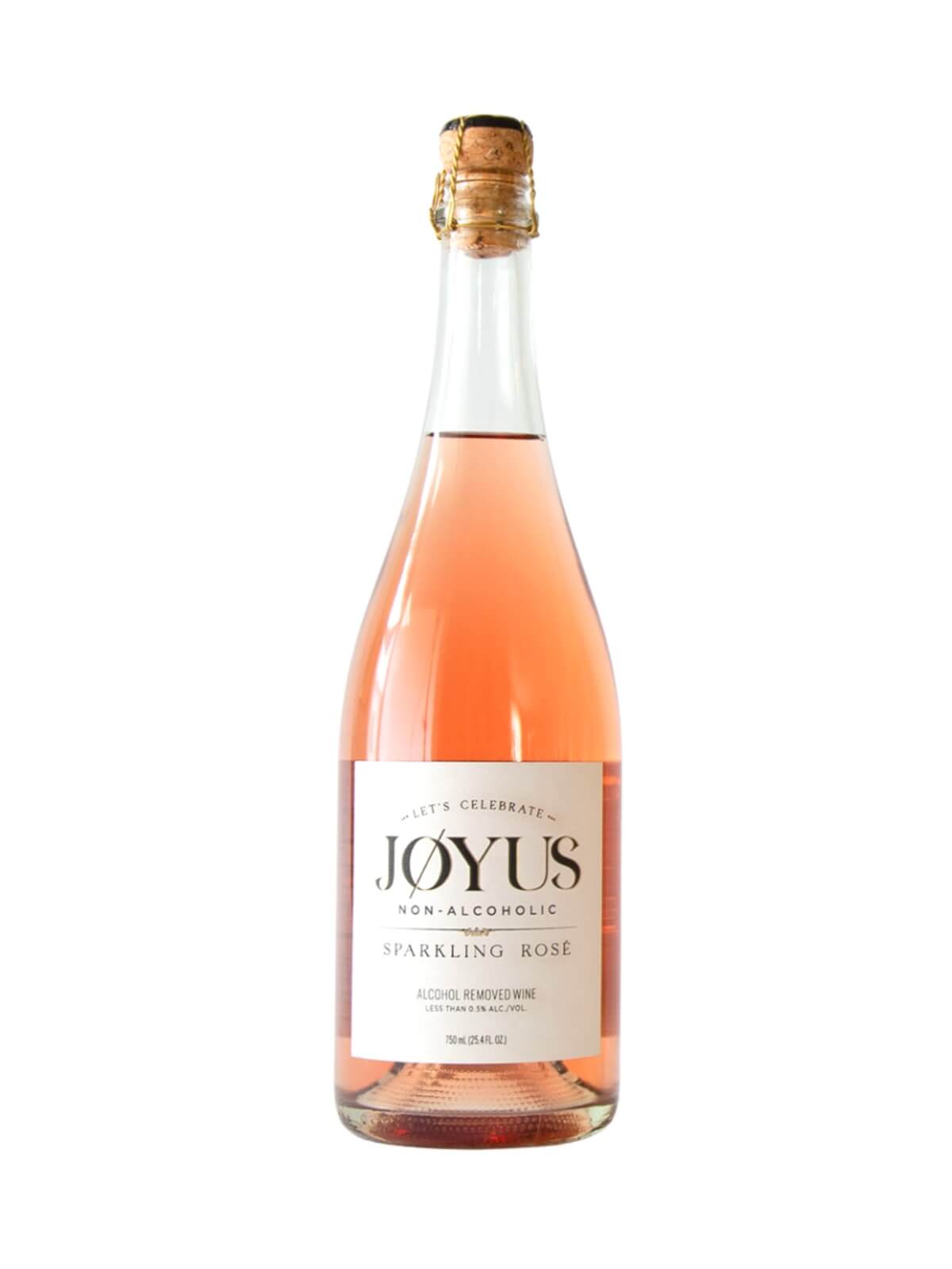 a bottle of joyus alcohol removed rosé wine with a blush pink bottle, normal cork and white label with black writing.