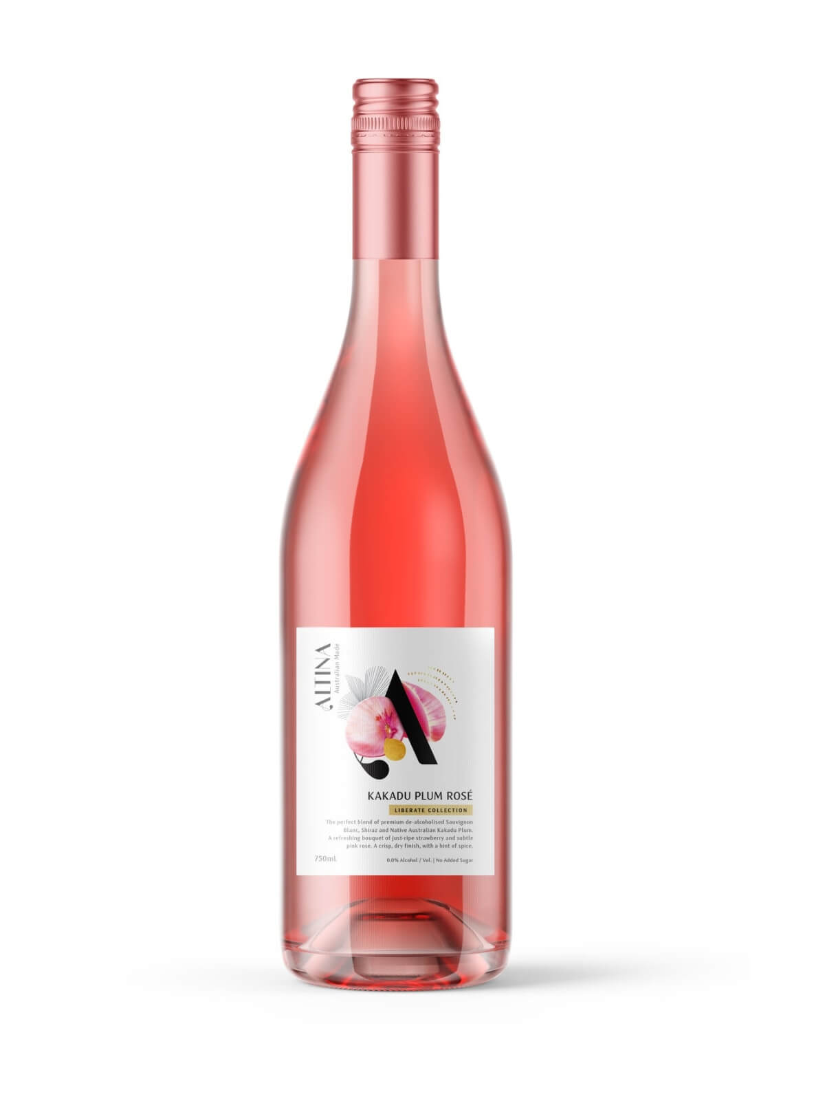 product image of Altina alcohol free sparkling rosé wine with a pink lid and a white label with black writing.