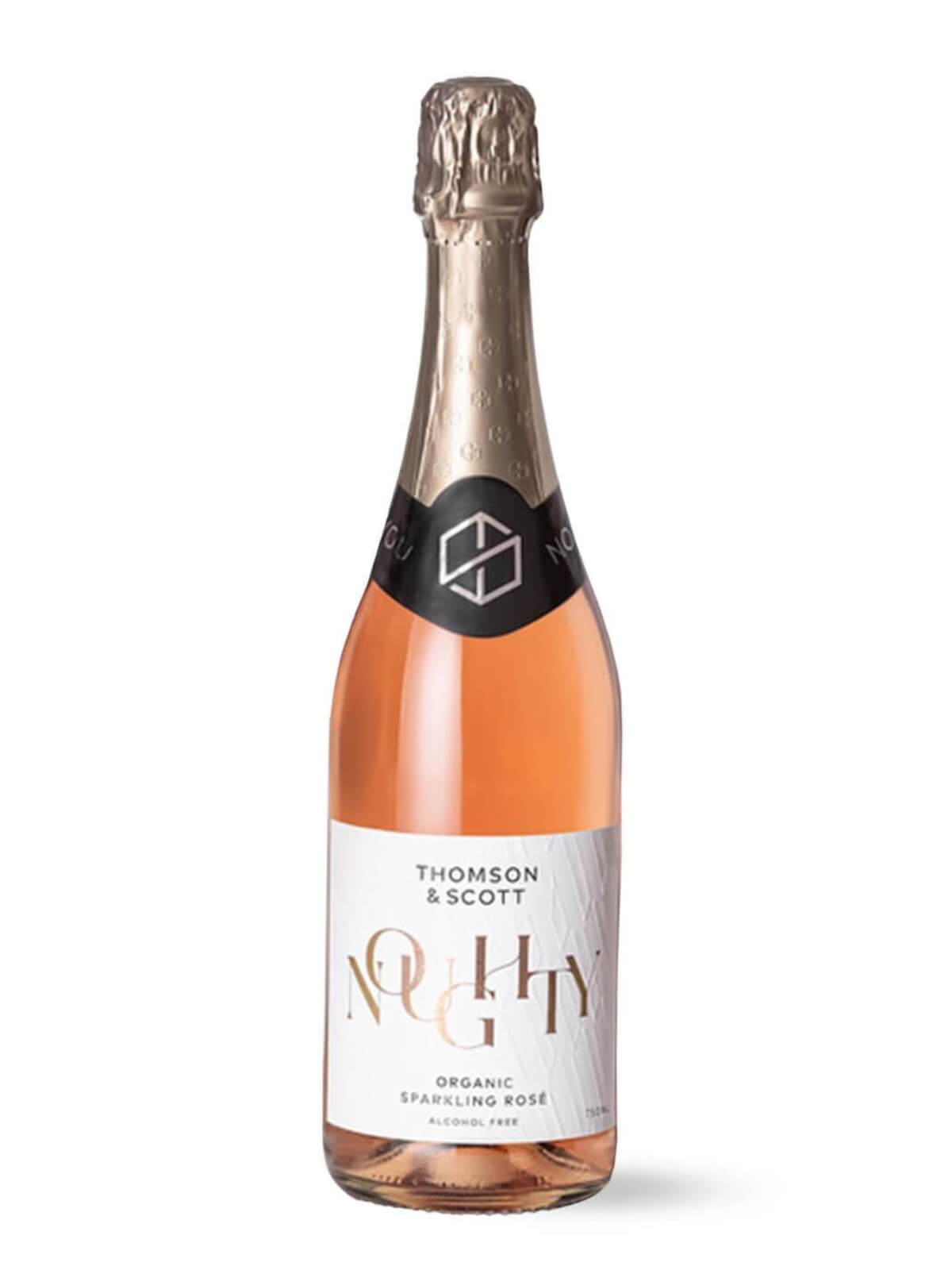product shot of Nought alcohol free sparkling pink champagne with a white label and gold writing on a white background.