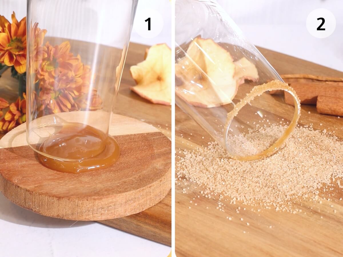 two images showing how to apply an optional rim using caramel sauce and cinnamon sugar.