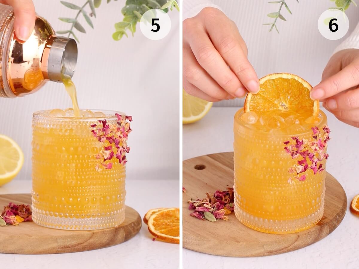 step 5 pour healthy mocktail into glass, step 6 garnish with a dehydrated orange.