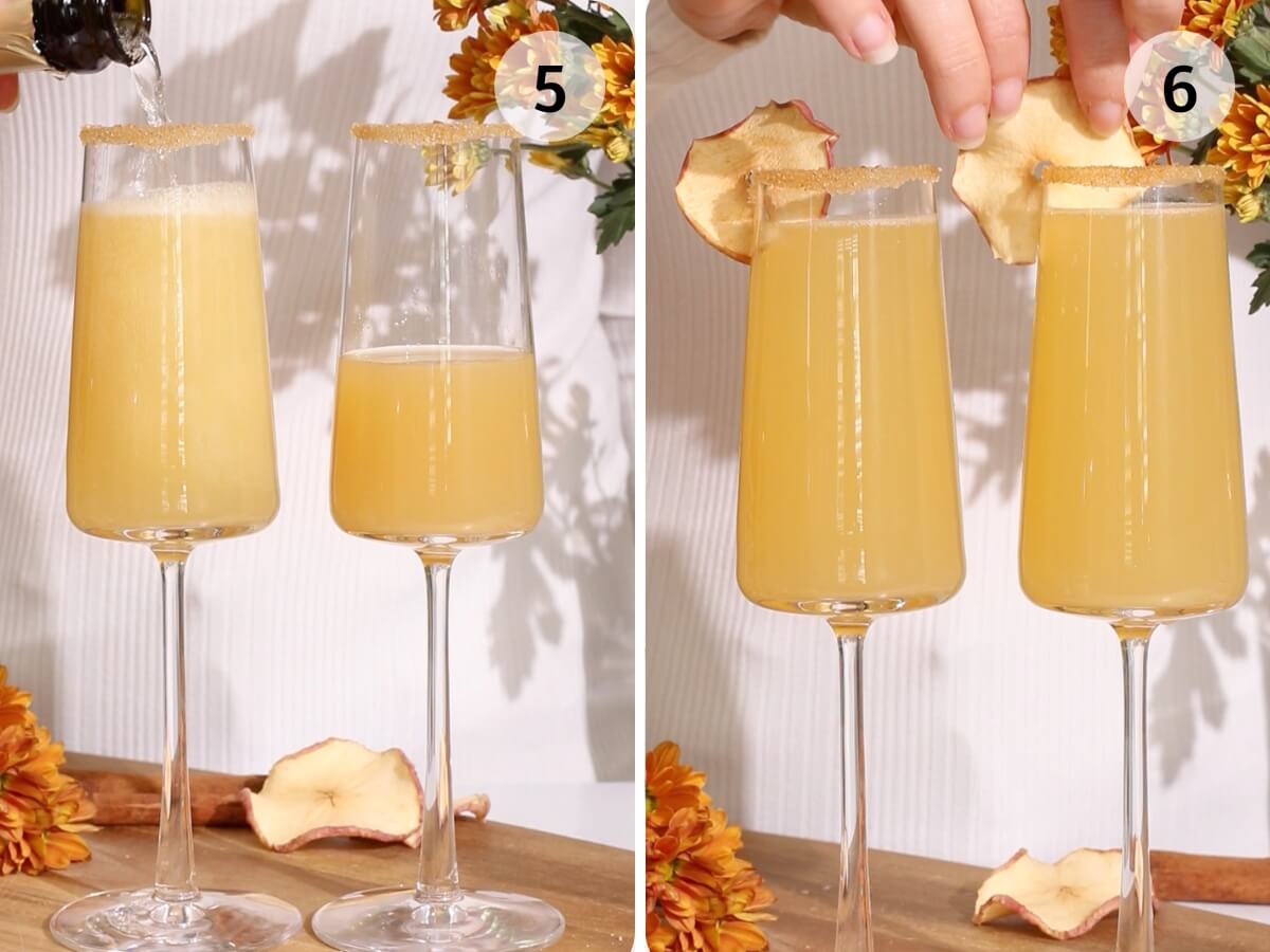 two progress shots showing the user how to pour in the non-alcoholic sparkling wine and garnish with a piece of dried apple.