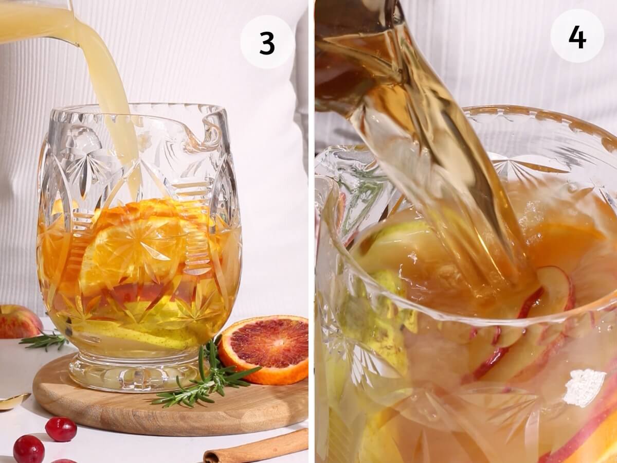 process shots 3 and 4 showing pear juice being poured into an intricate glass pitcher filled with fruit and a close up of ginger ale being added to the pitcher.