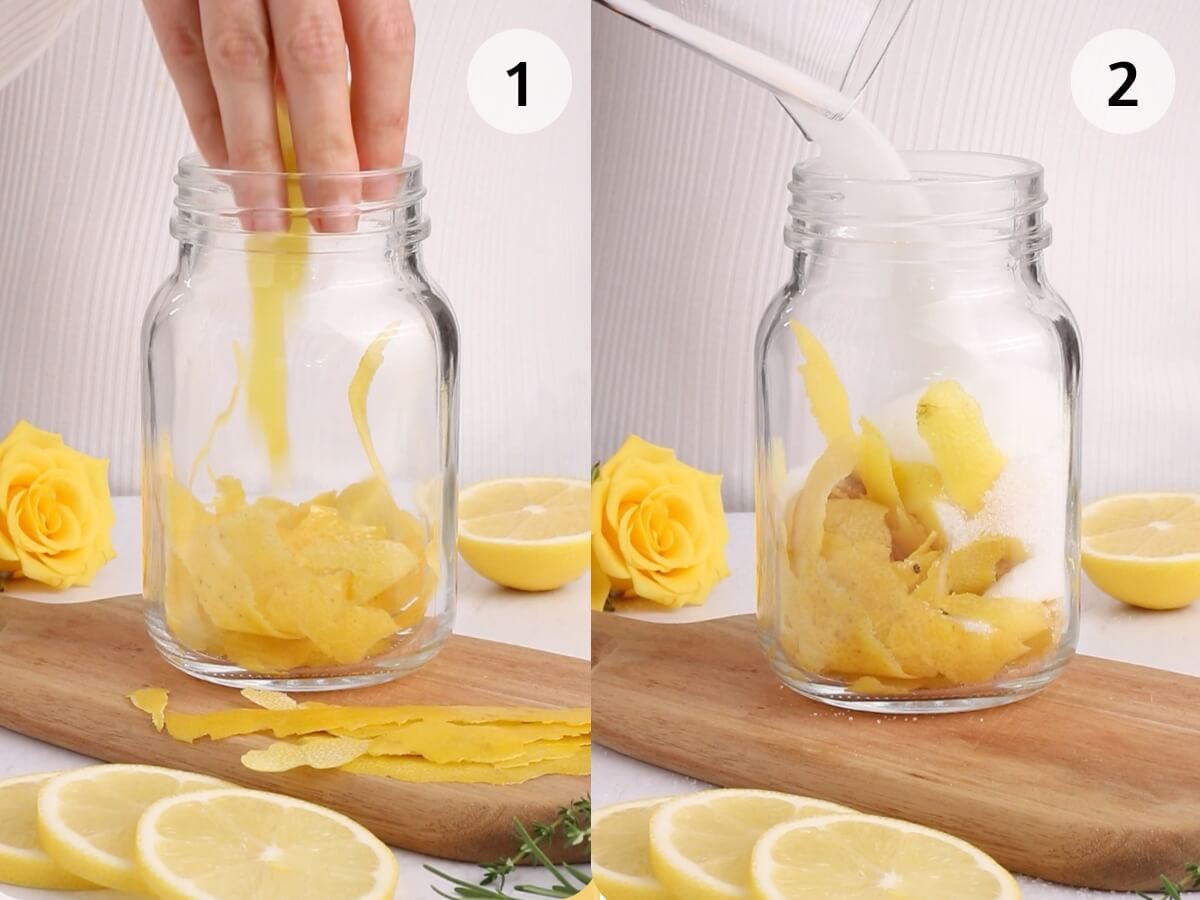 step by step ingredients for leom oleo saccharum, step 1 shows lemon peels being placed in a mason jar, step 2 shows sugar being added to the mason jar.