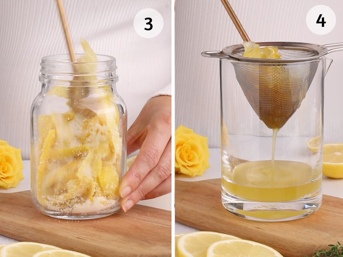 step 3 shows the lemon peel and sugar being stirred together by a gold spoon, step 4 shows the mixture being strained into a glass jar.