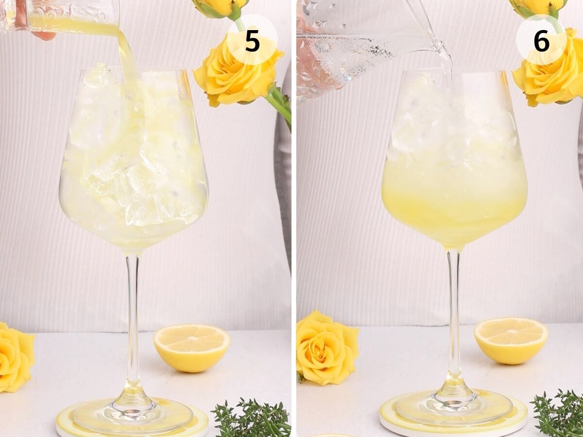 step 5 shows the lemon oleo saccharum being poured into a large wine glass over ice, step 6 shows the non-alcoholic prosecco being added.