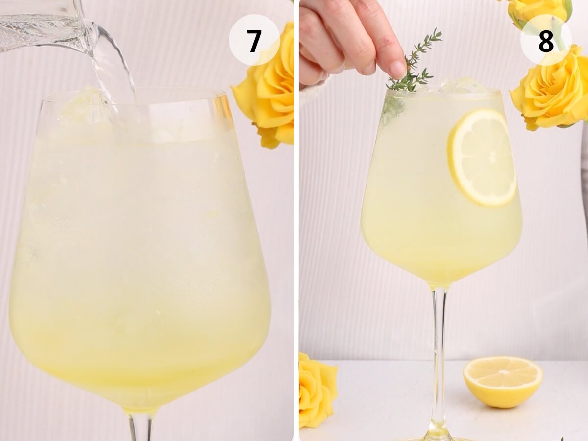 step 7 shows adding the optional fresh lemon juice and step 8 shows the glass being garnished with a sprig of thyme.