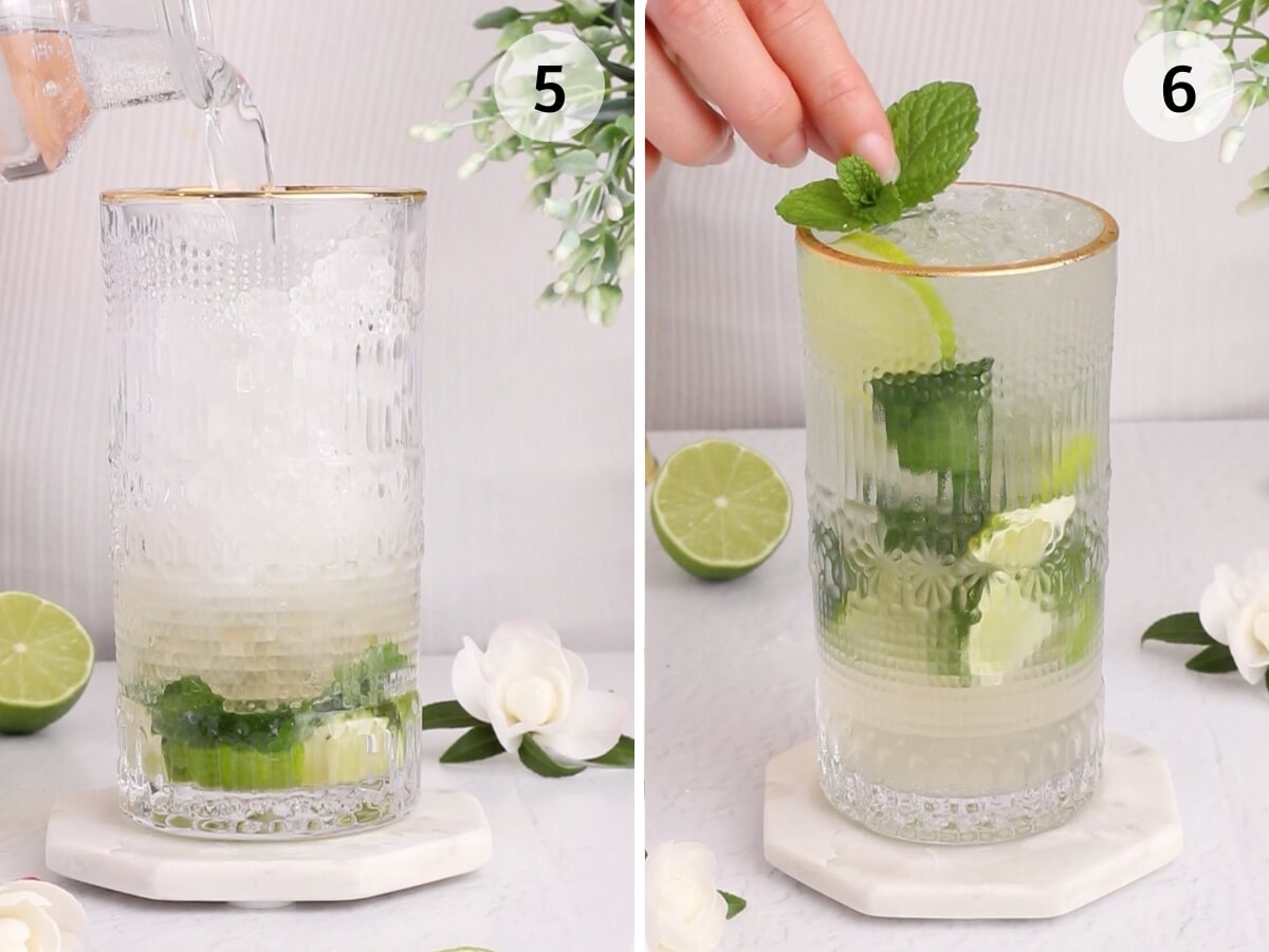 steps 5 and 6 to make elderflower mocktails step 5 add soda water step 6 garnish with mint and edible flowers.