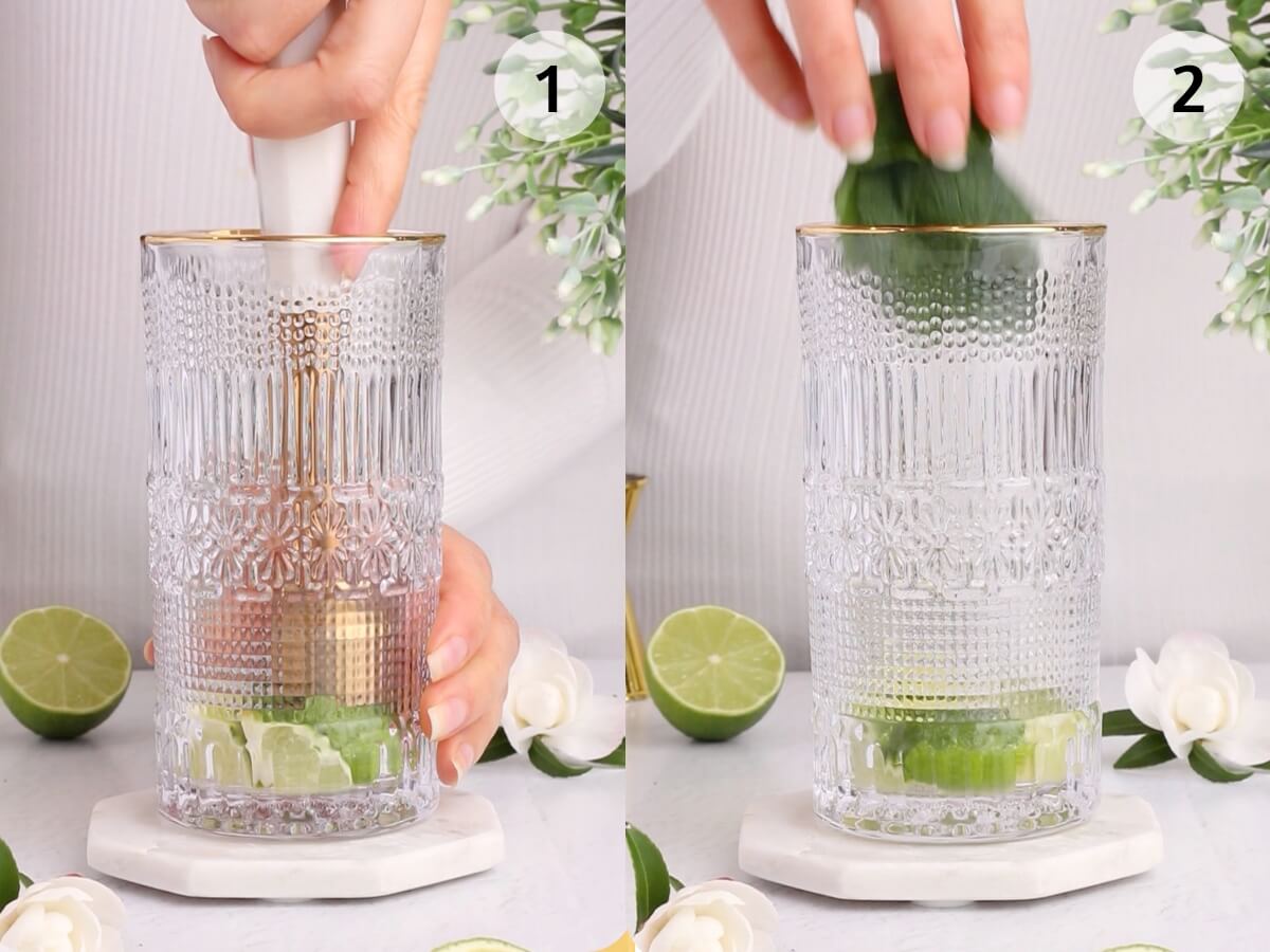 elderflower mocktails in a tall glass step 1 place lime in glass step 2 place mint in glass.