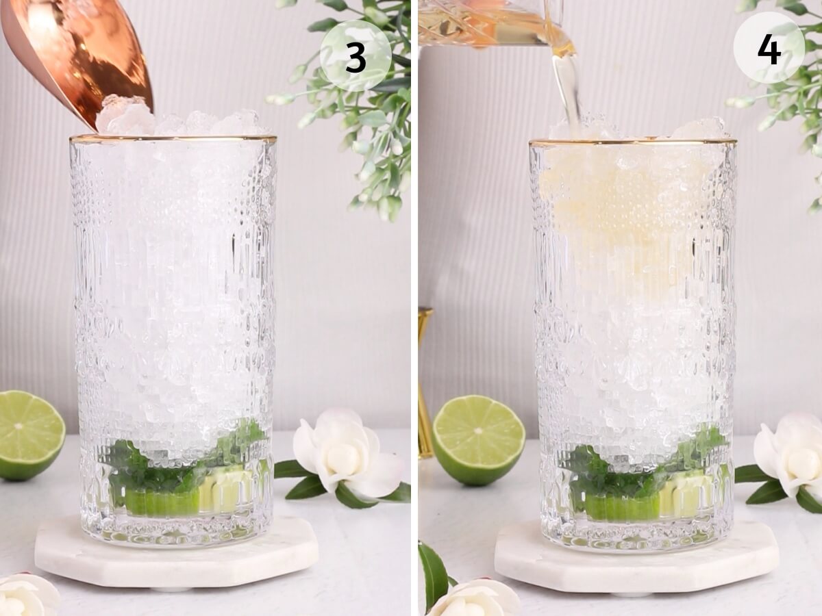 elderflower drink in a large gold rimmed glass showing step 3 adding ice and step 4 adding elderflower syrup or cordial.