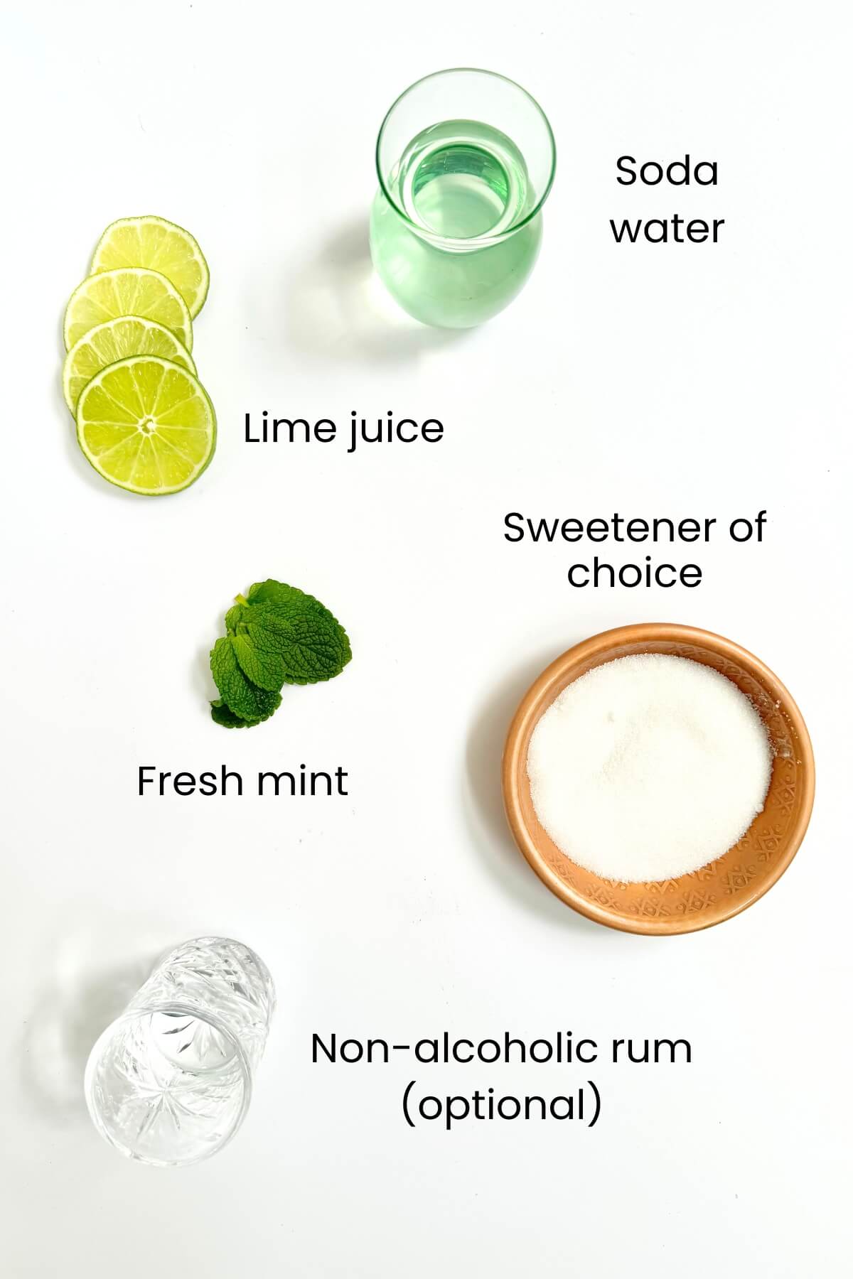 recipe ingredients including lime mint soda water sweetener and non-alcoholic rum.