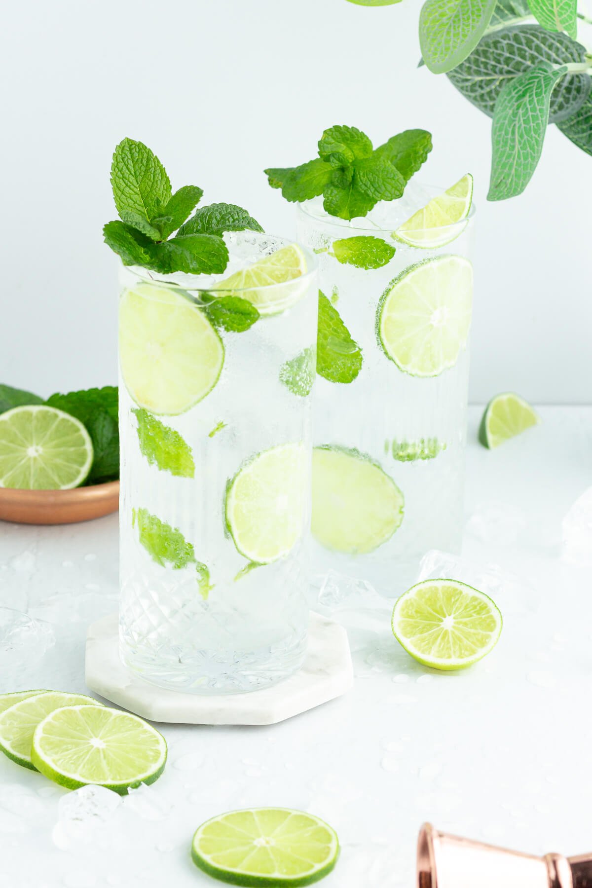 two mojito mocktails in tall clear glasses garnish with mint and lime.