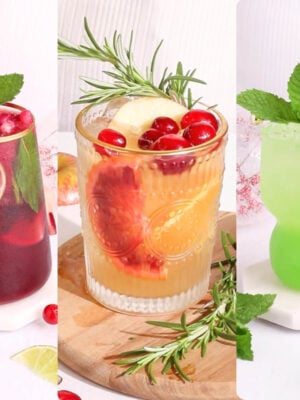 A collage of three festive Christmas batch mocktails in decorated glasses: a red drink with lime and mint, an orange drink with cranberries, apple, and rosemary, and a green drink with mint, lime, and cranberries, all set against a white background.