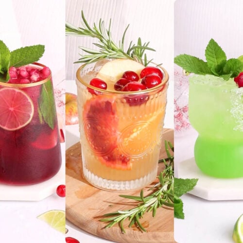A collage of three festive Christmas batch mocktails in decorated glasses: a red drink with lime and mint, an orange drink with cranberries, apple, and rosemary, and a green drink with mint, lime, and cranberries, all set against a white background.