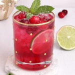 red cranberry holiday mocktail garnished with frozen cranberries mint and lime in a glass with a gold rim.