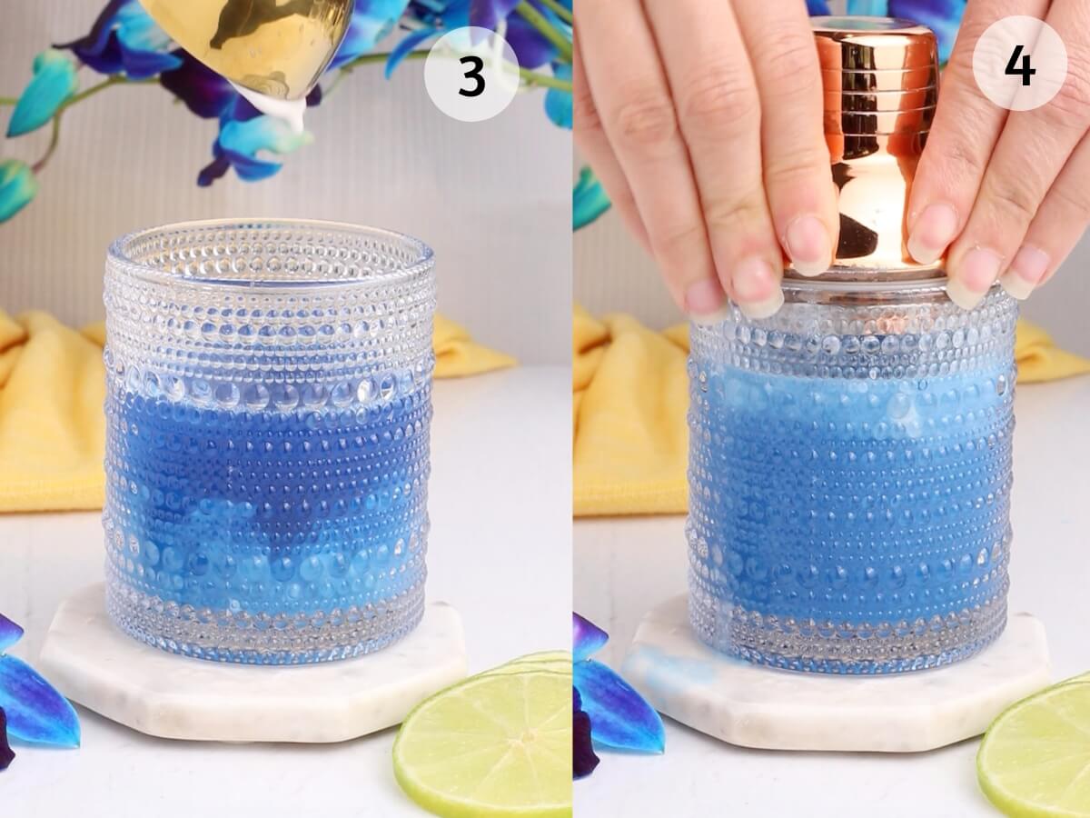 Left image: A glass with textured dots is being filled with a blue Hawaii mocktail. A lime slice rests nearby. Right image: Hands place a lid on the same textured glass filled with vibrant blue liquid. Blue flowers and a yellow cloth are in the background.