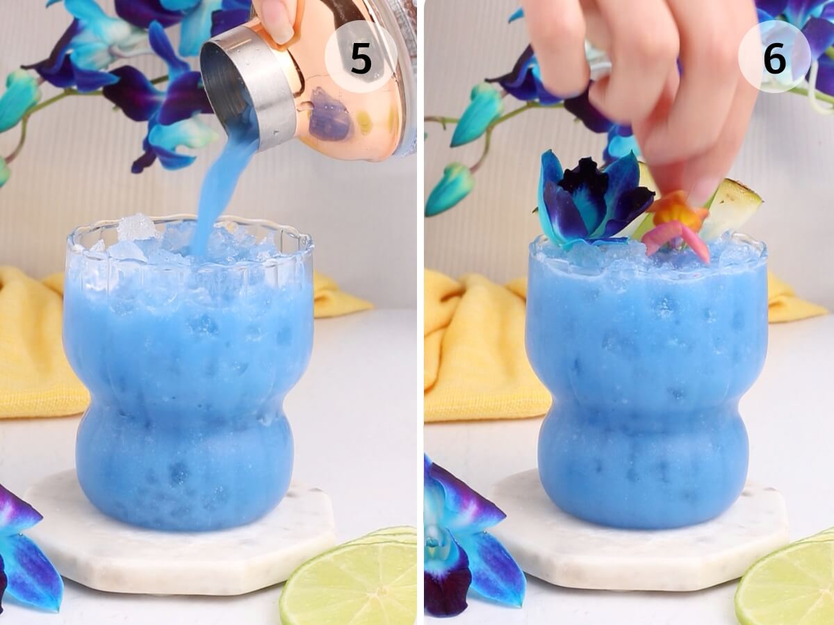 Left image: Blue Hawaii mocktail being poured into a textured glass filled with ice, surrounded by vibrant purple flowers and a sliced lime. Right image: A hand garnishing the refreshing blue drink with flowers and fruit on a pristine white surface.