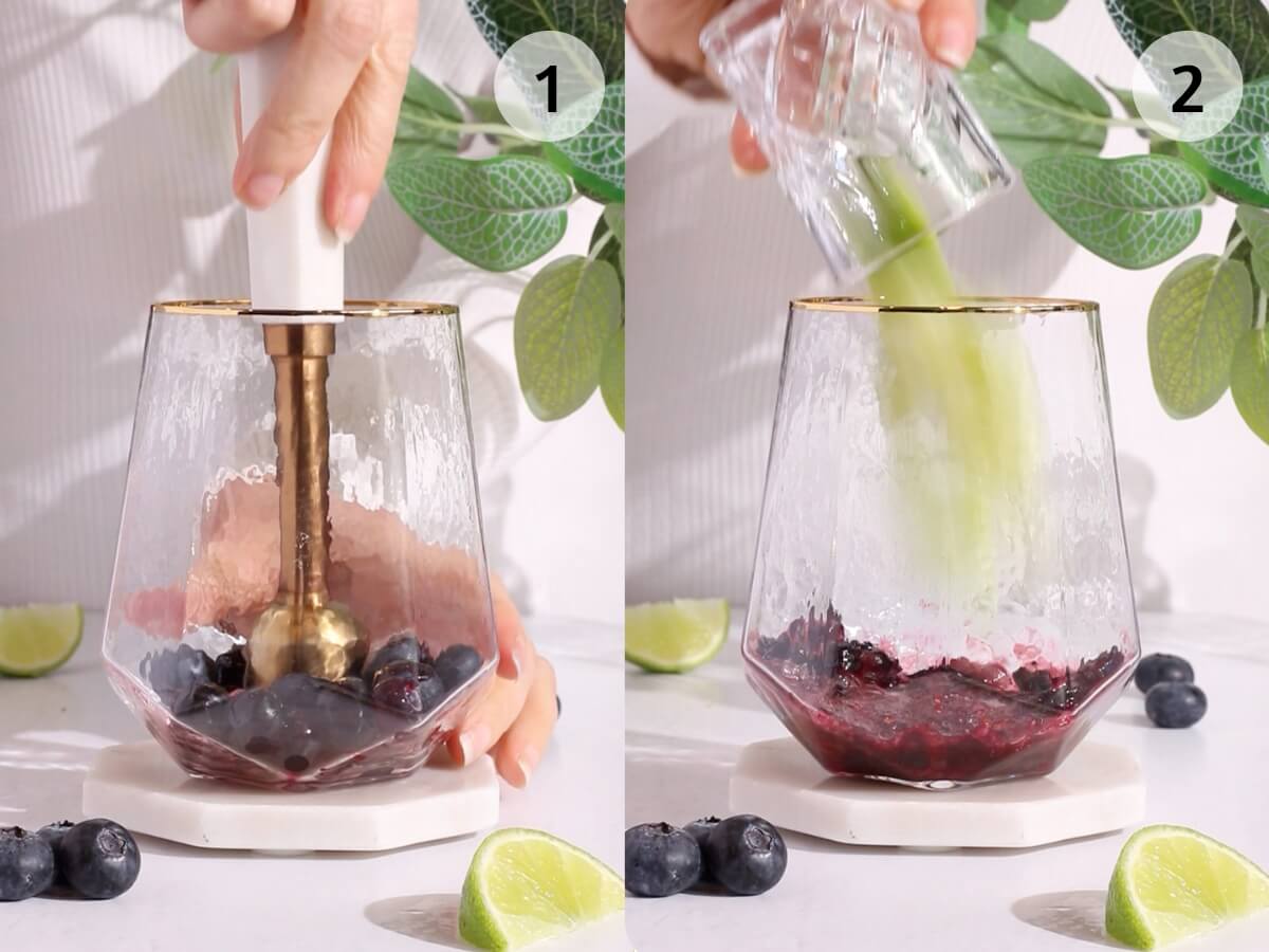 Side-by-side images show a hand mashing blueberries with a brass muddler in a glass (left), and pouring green juice from a small glass into the same glass with mashed blueberries (right); lime wedges and blueberries nearby.