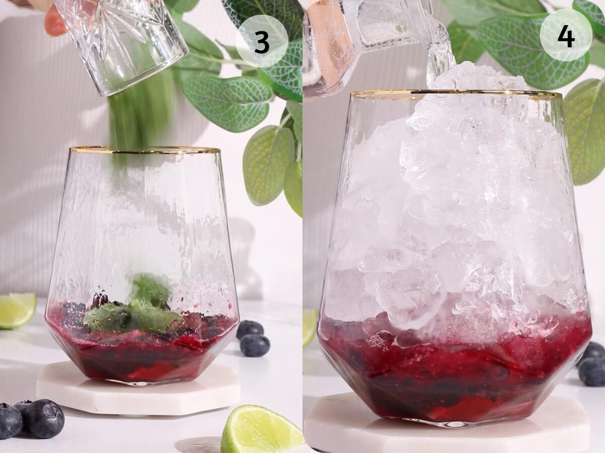 Side-by-side images show a glass with muddled berries and mint. In image 3, a muddler is being removed. In image 4, crushed ice is being poured into the glass. Blueberries, lime wedges, and leaves are visible in the background.