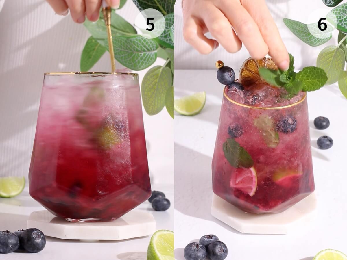 Two images showing a hand preparing a vibrant red-purple drink with ice, blueberries, lime wedges, and mint in a faceted glass. The drink is being stirred in the first image and garnished with mint in the second.