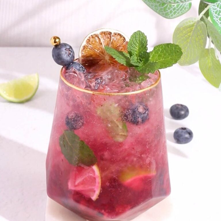 A pink cocktail in a faceted glass, garnished with mint, blueberries, a lime wedge, and a dried citrus slice, sits on a white surface with ice, blueberries, and a lime wedge nearby. A leafy plant is partially visible above.