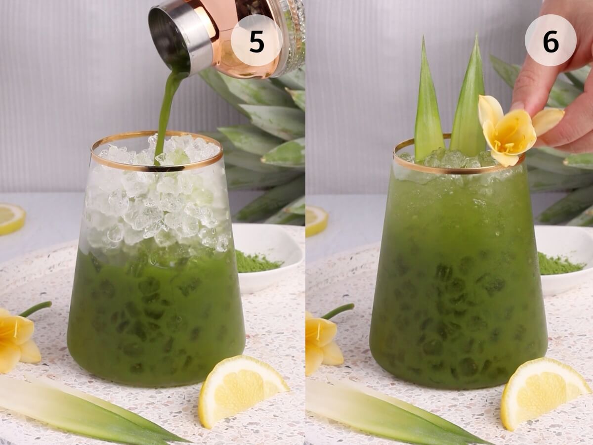 Two-step collage: Left shows green liquid being poured over ice in a glass. Right shows a hand garnishing the finished green drink with pineapple leaves and a yellow flower. Lemon slices and matcha are visible nearby.