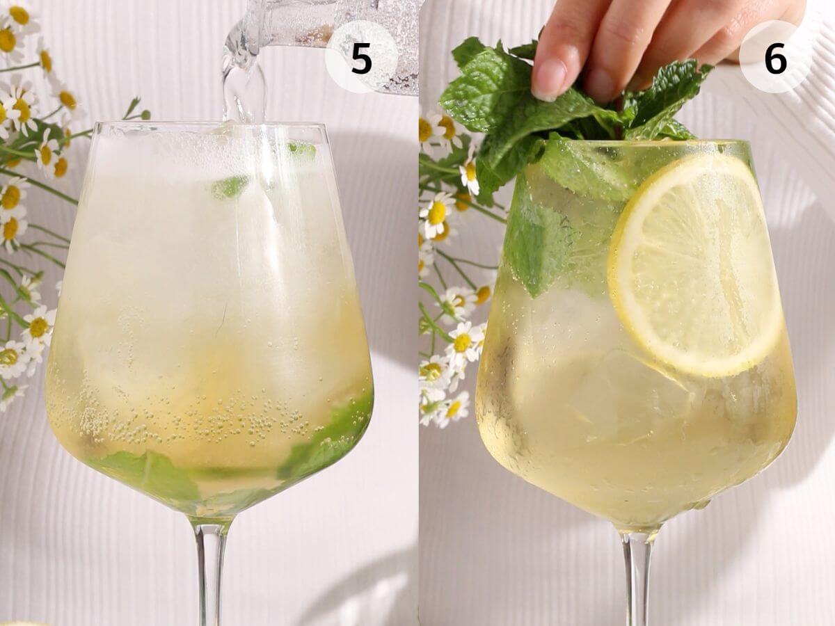 Side-by-side images show how to make a hugo spritz mocktail: on the left, sparkling liquid is poured over mint leaves and ice; on the right, the finished drink is garnished with mint and a lemon slice.