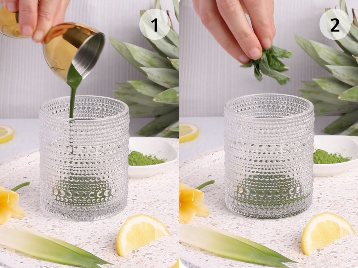 A two-panel image shows a matcha green mocktail drink being made: Panel 1โa hand pours green matcha liquid into a textured glass; Panel 2โa hand adds fresh mint leaves on top. Pineapple, lemon slices, and matcha powder are nearby.
