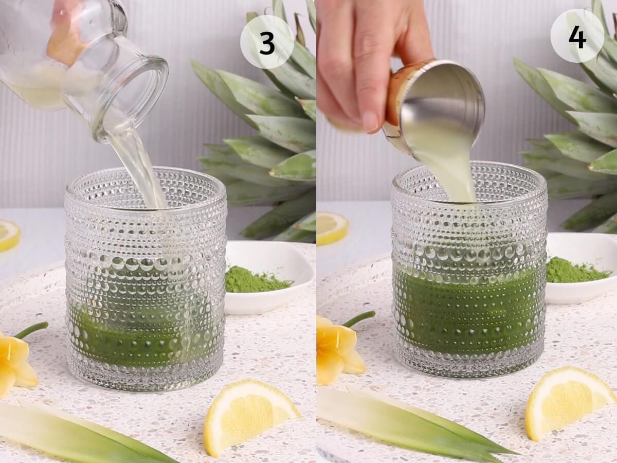 Split image showing two steps of making a drink: Left, a clear liquid is poured from a bottle into a textured glass with green powder. Right, a hand pours juice from a metal cup into the glass. Pineapple leaves and lemon slices decorate the scene.