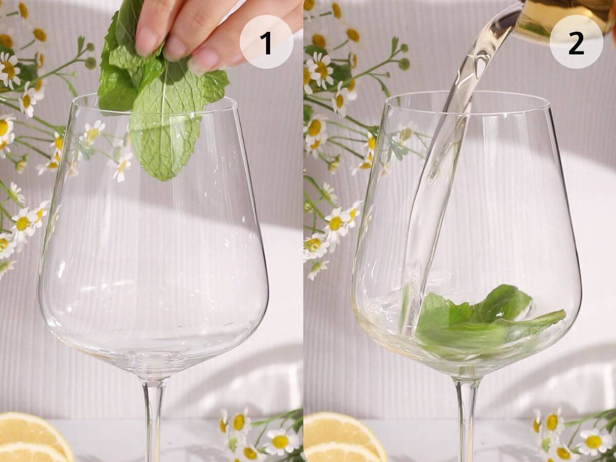 Split image: Left side shows a hand placing fresh mint leaves in a wine glass; right side shows liquid being poured for a refreshing Hugo Spritz mocktail over the mint. Lemon slices and flowers appear in the background.
