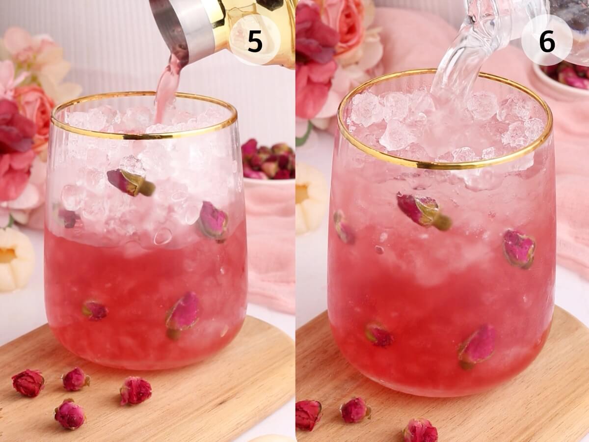 Two-panel image: Left shows pink liquid being poured into a glass with ice and rosebuds; right shows clear liquid added to the same glass. Both glasses are on a wooden board, surrounded by pink flowers.