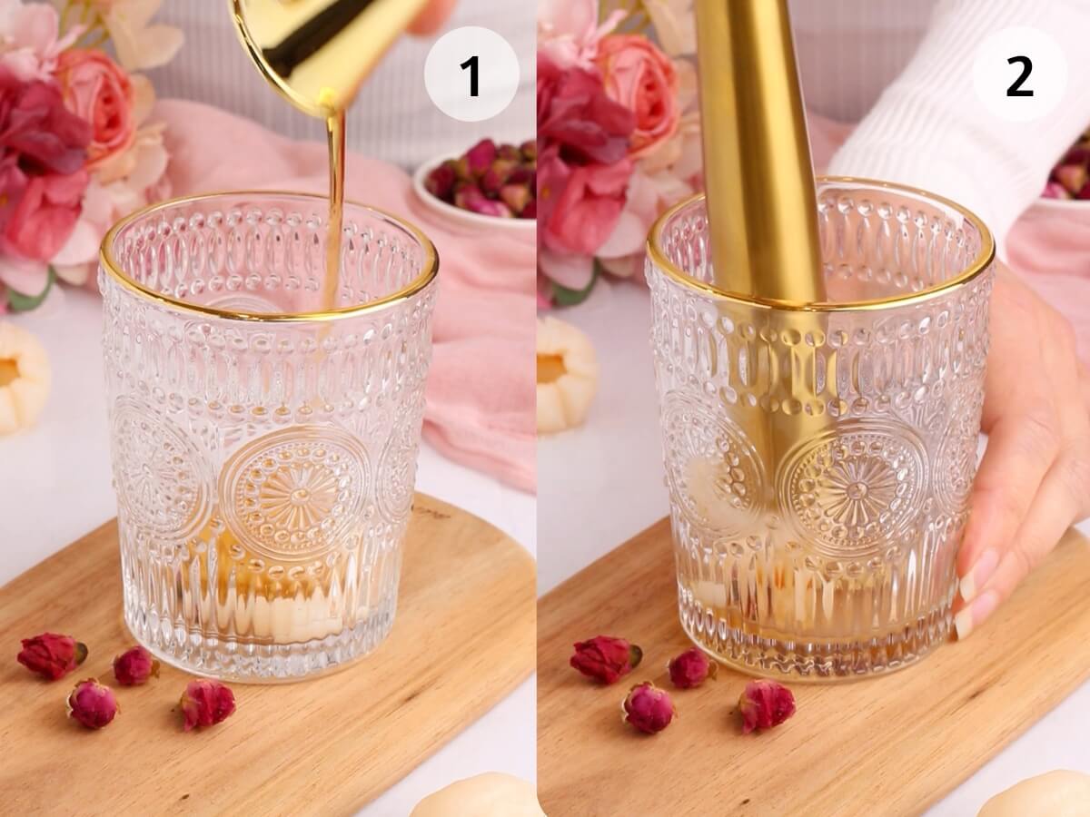 Side-by-side images show a decorative glass. In the first, syrup is poured in; in the second, a hand uses a gold muddler to mix ingredients. Pink flowers and dried rosebuds are visible in the background.