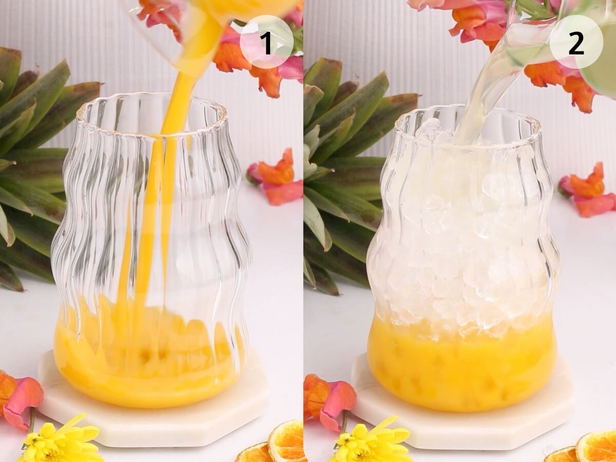 Side-by-side images: Left, orange juice being poured into a wavy glass; right, ice and a clear liquid, likely water or soda, being added to the glass. Flowers and citrus slices decorate the background.