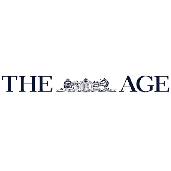 The image shows the logo of The Age newspaper, with the words THE and AGE in capital letters, separated by a detailed crest featuring two lions and a crown.