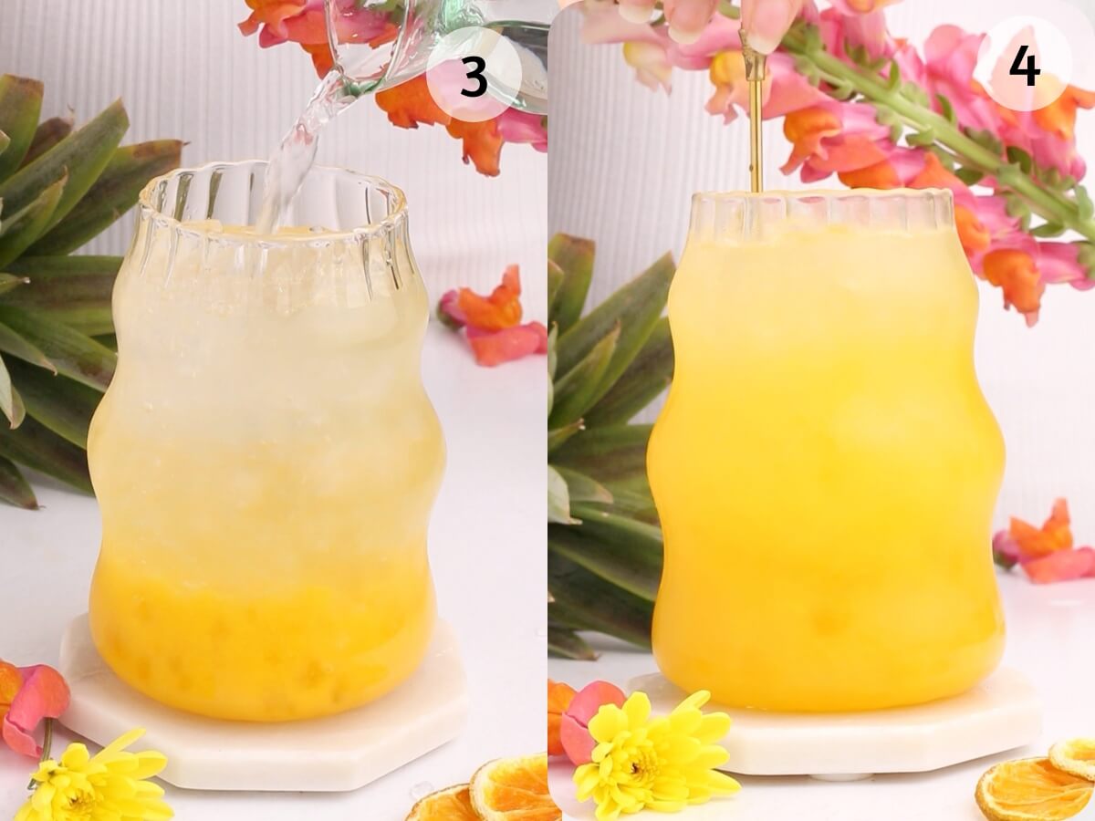 Two side-by-side images show a curvy glass filled with ice and a yellow drink. In the first, liquid is being poured in; in the second, the drink is being stirred with a gold spoon. Flowers and fruit decorate the background.