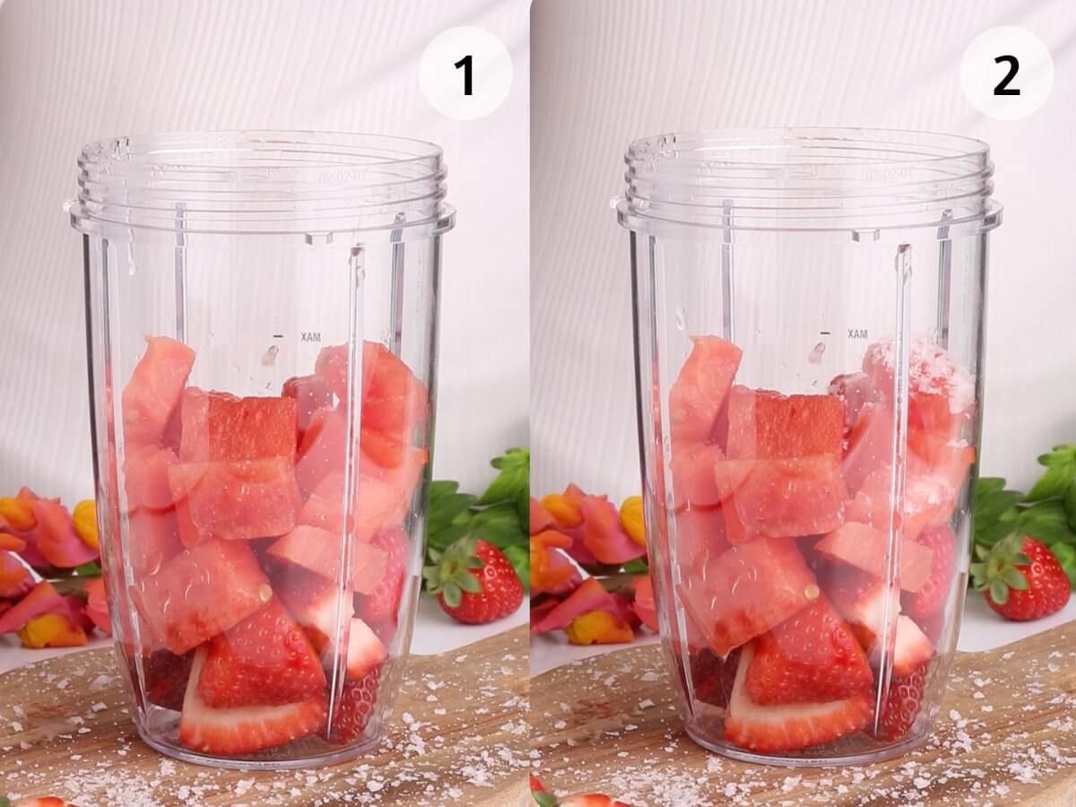 Side-by-side images show a blender cup filled with chopped watermelon and strawberries. In image 2, salt has been sprinkled on top of the fruit. Colorful flowers and strawberries are in the background.
