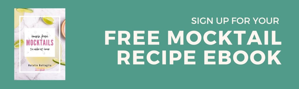 Banner with a book cover titled Simple Apple Mocktails & more! and text reading Sign up for your free mocktail recipe ebook on a green background. Lime slices and a marble surface are visible on the book cover.