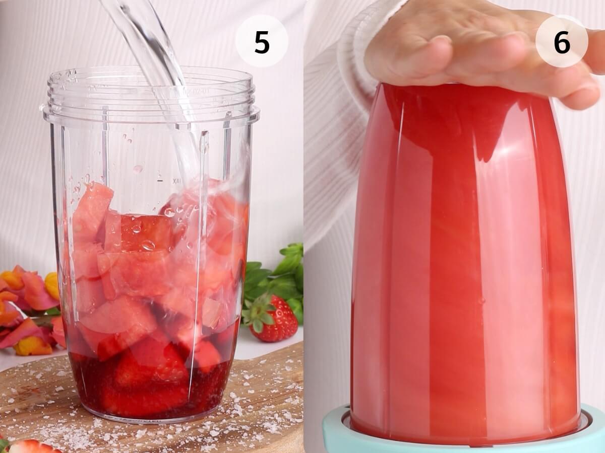Step 5: Water is poured into a blender cup filled with watermelon and strawberries. Step 6: A hand holds the blender upside down as the fruit mixture blends into a smooth liquid.
