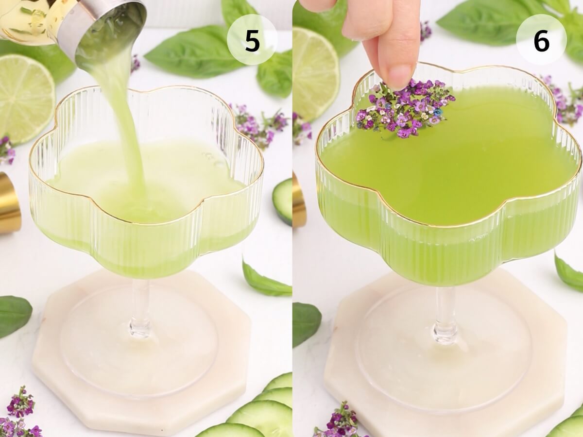 Split image: On the left, green juice is poured into a scalloped glass on a marble coaster, surrounded by cucumber, lime, and basil. On the right, a hand garnishes the drink with small purple flowers.