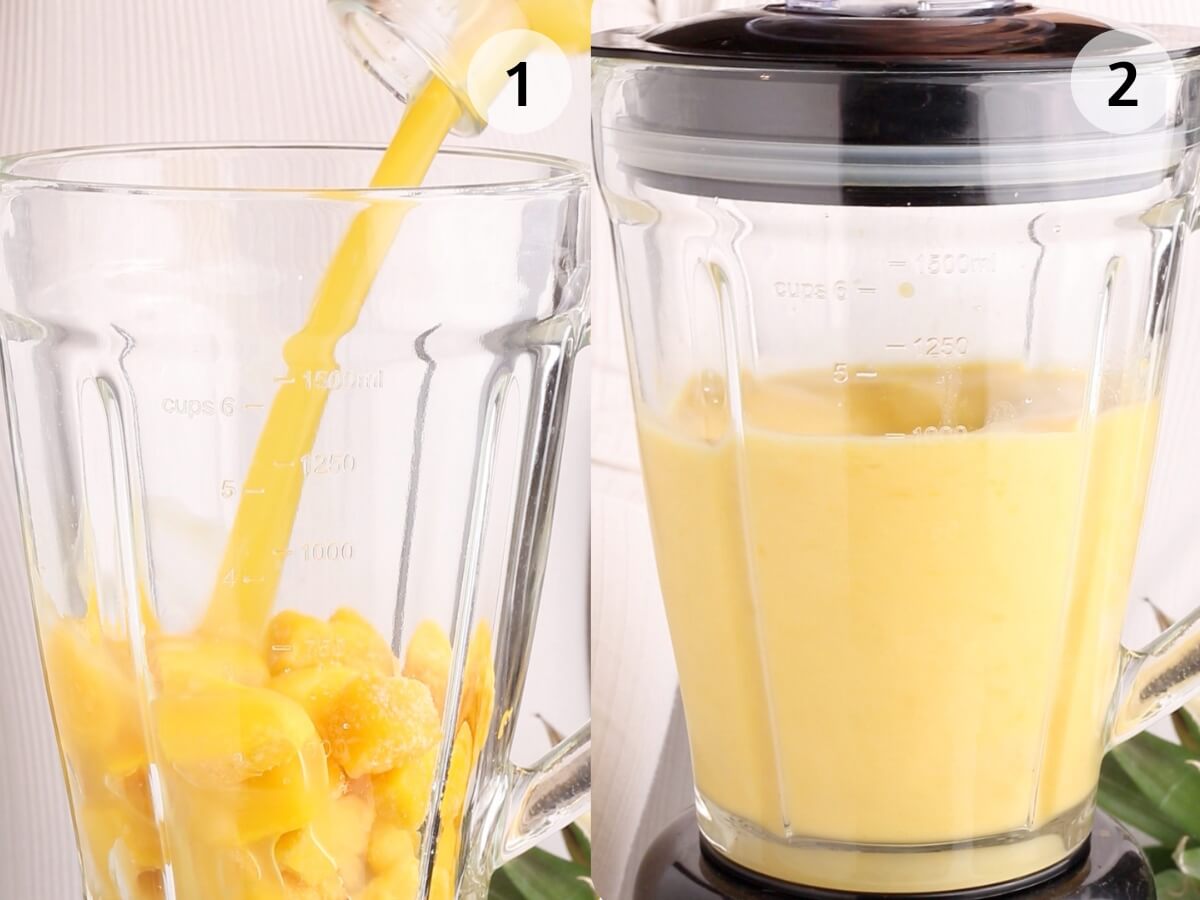 Side-by-side images: 1) Juice being poured into a blender with mango pieces; 2) The blender, now closed, mixing the mango colada mocktail ingredients.