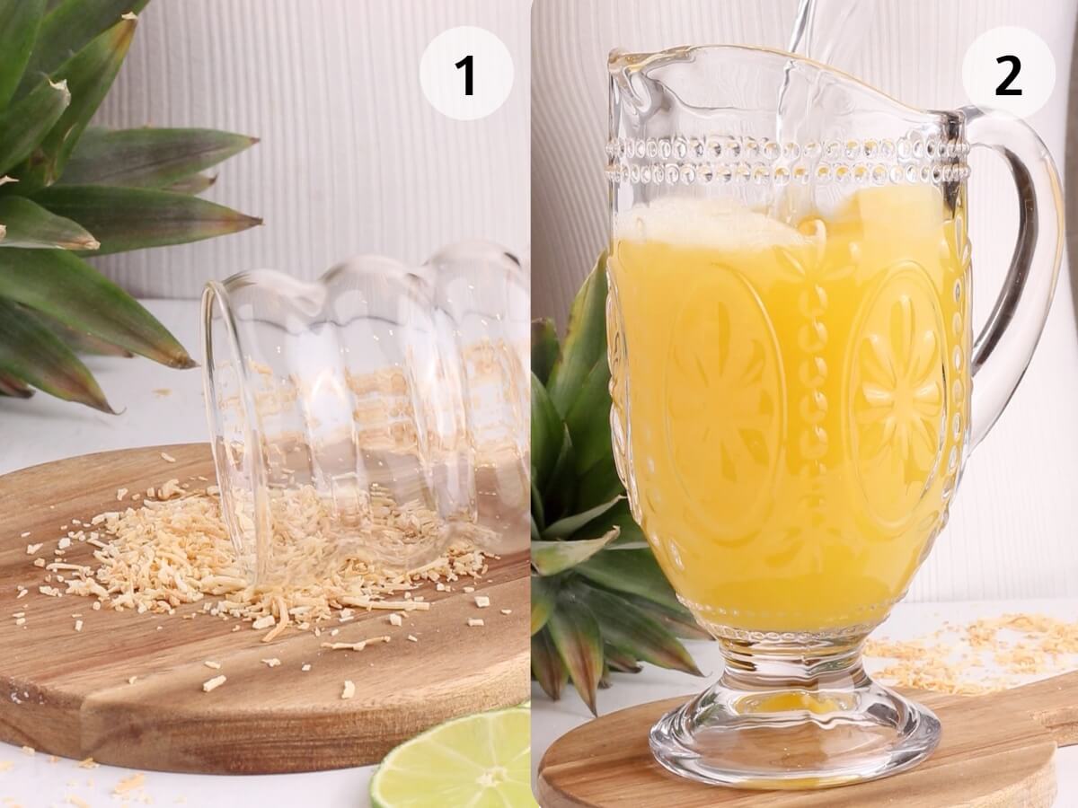 Side-by-side images: 1 shows an empty glass tipped over on shredded coconut and a wooden board; 2 shows a glass pitcher filled with yellow pineapple juice on the same board, with pineapple leaves nearby.