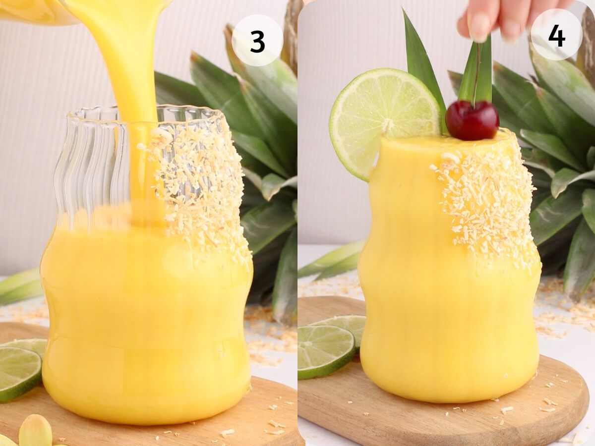 Left: Yellow smoothie being poured into a glass rimmed with shredded coconut. Right: The filled glass garnished with a lime slice, cherries, coconut, and pineapple leaves, placed on a wooden board.