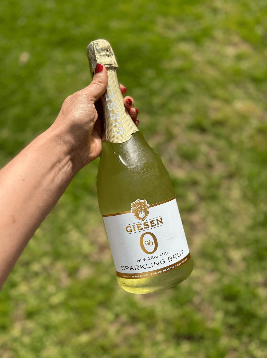 A hand with red nail polish holds a chilled bottle of Giesen 0% New Zealand Sparkling Brut against a blurred grassy background.