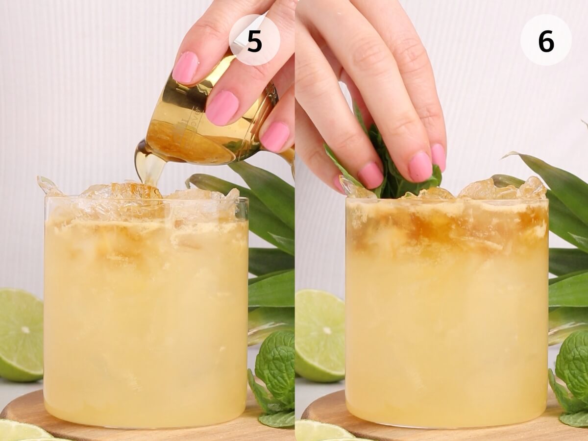 Two images side by side show a glass of iced yellow drink. In the first, a hand pours a dark liquid into the glass. In the second, the hand adds fresh mint. Lime halves and green leaves are in the background.