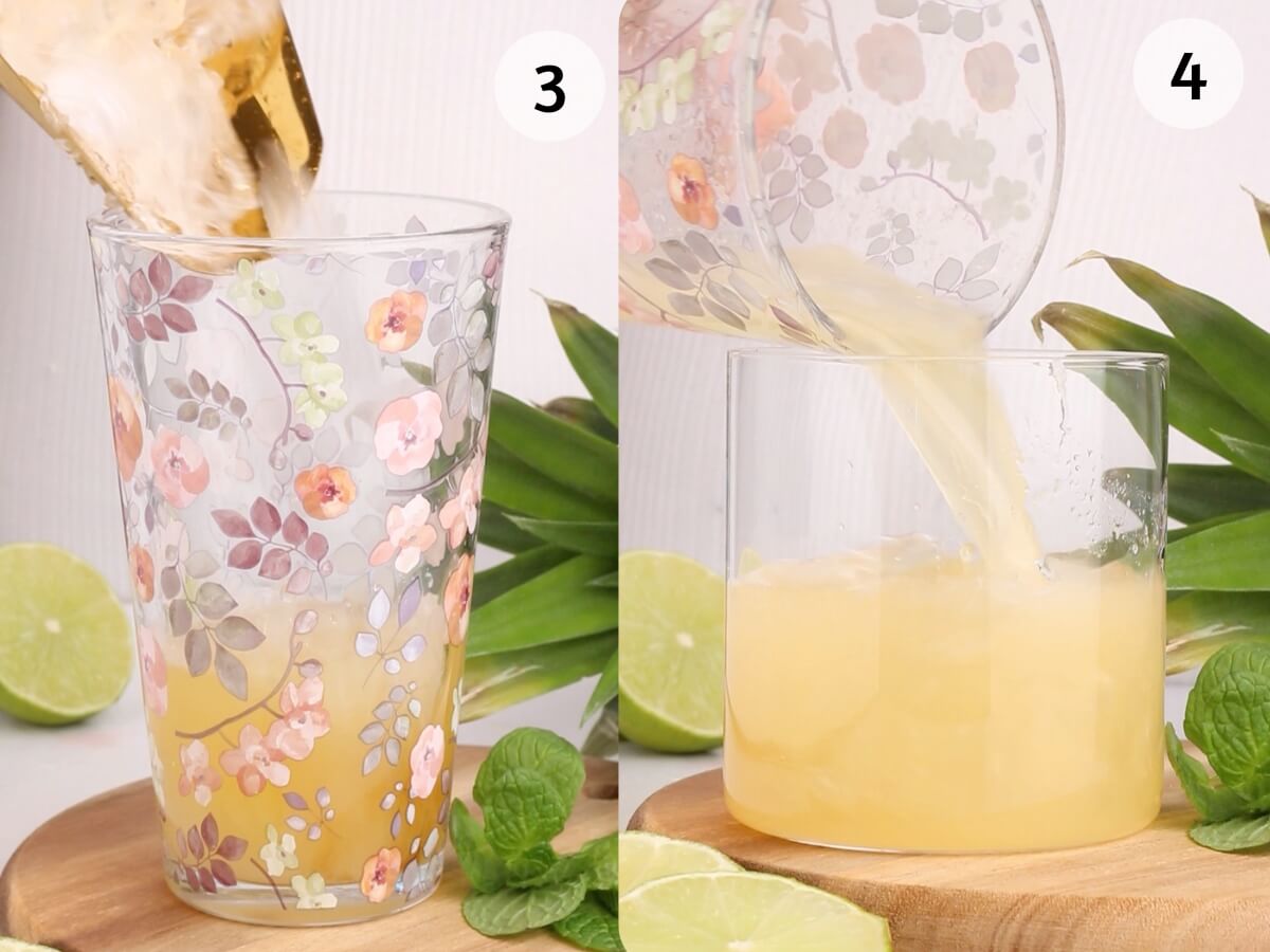 Two images side by side: In image 3, a floral glass is being filled with a yellow drink; in image 4, the drink is poured into a plain glass. Both glasses are on a wooden board with lime halves and mint leaves.