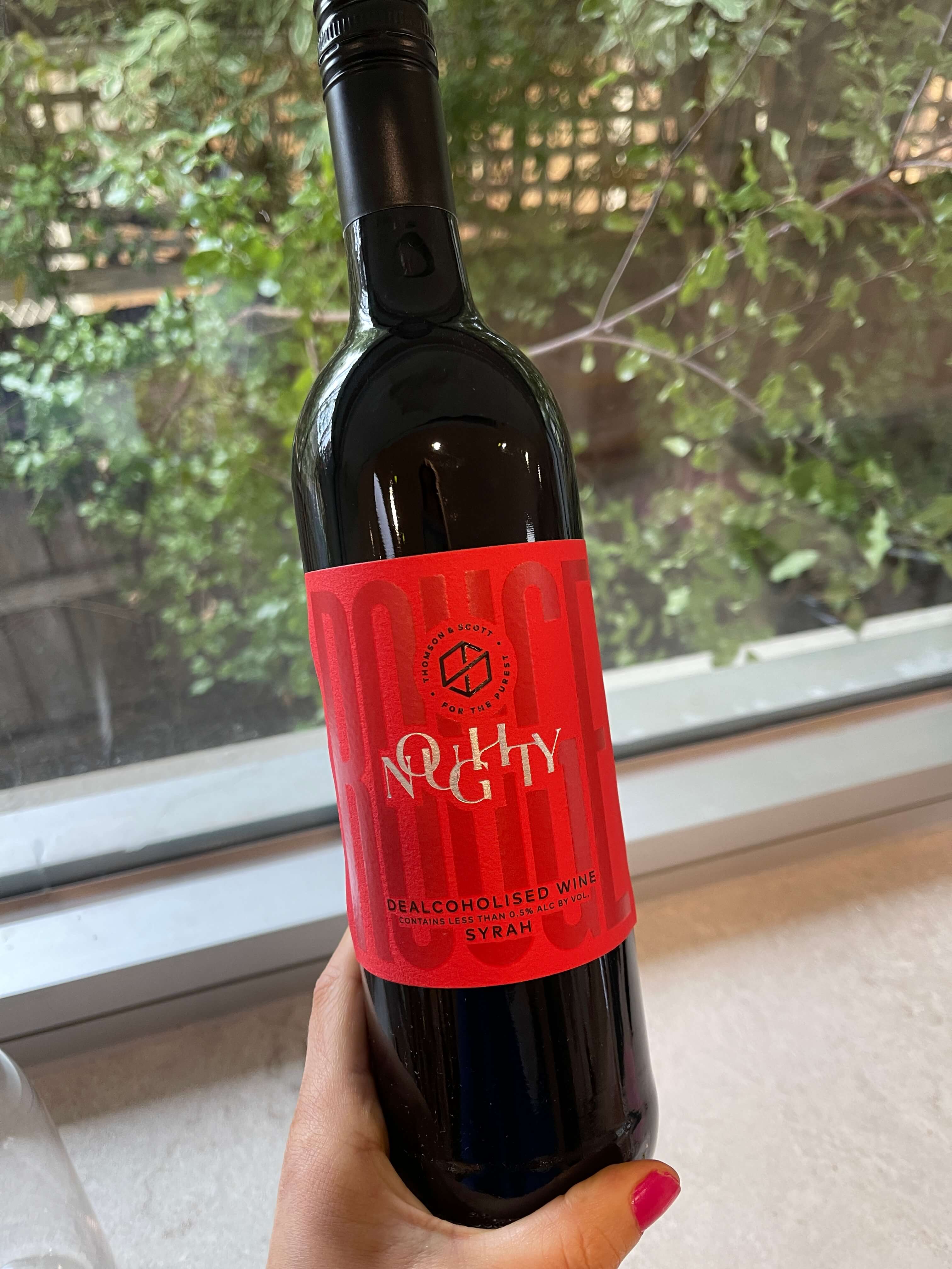 A hand holding a bottle of Naughty Non-Alcoholic Syrah wine with a bright red label, near a window with green plants visible outside.