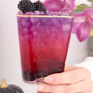 A hand holds a vibrant layered drink in a glass, shifting from deep red at the bottom to purple at the top, garnished with blackberries and purple flowers, with a black pumpkin and more blackberries in the background.